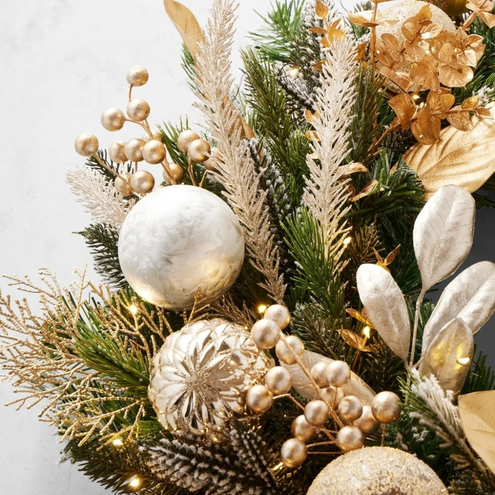 Brand New William Sonoma Gilded Champagne Ornament Pre-Lit Faux Wreath